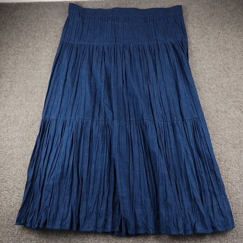 VTG Skirt Womens Medium Tiered Maxi Blue Broomstick Prairie Cotton Stretch EUC